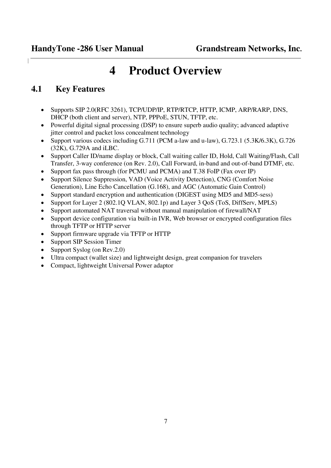 Grandstream Networks 286 user manual Product Overview, Key Features 