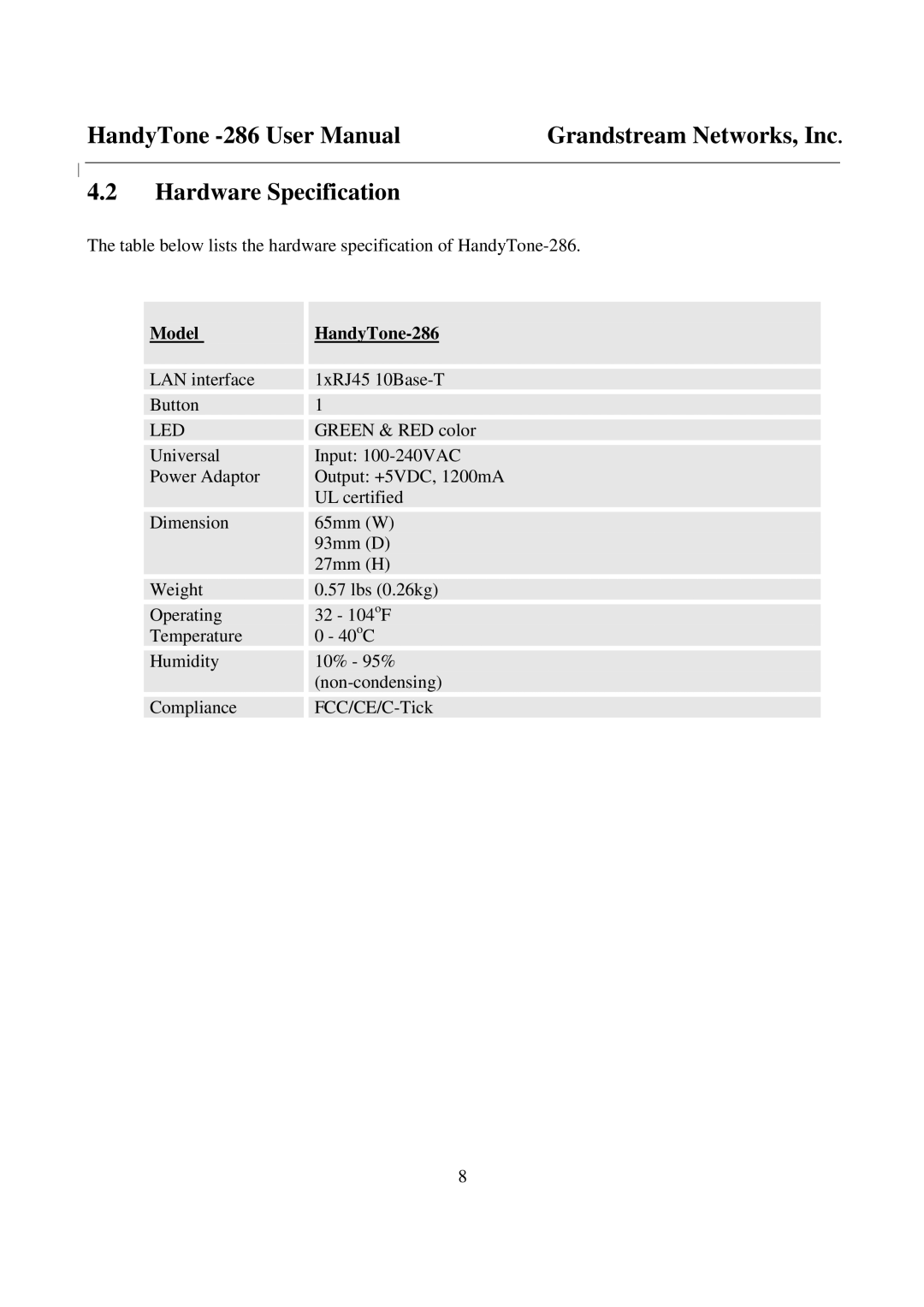 Grandstream Networks user manual Hardware Specification, Model HandyTone-286 