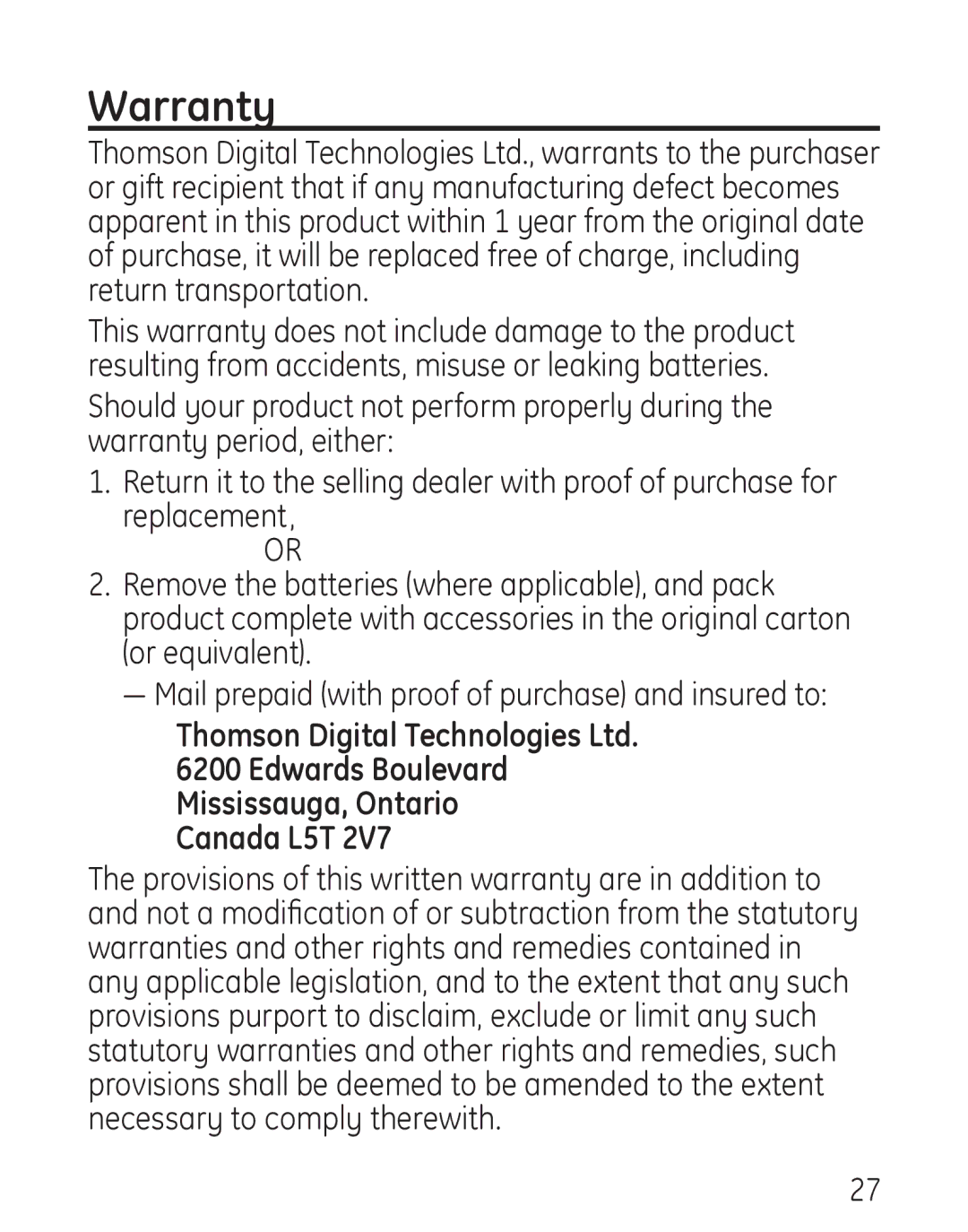 Grandstream Networks 29578 manual Warranty, Edwards Boulevard Mississauga, Ontario Canada L5T 