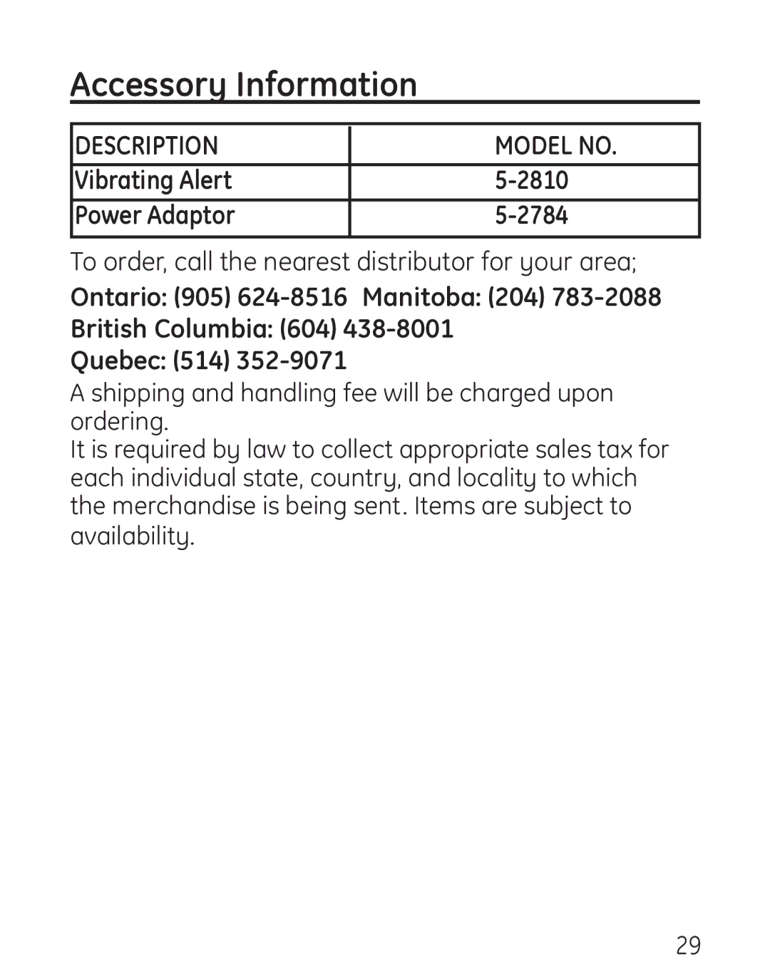 Grandstream Networks 29578 manual Accessory Information, Description Model no 