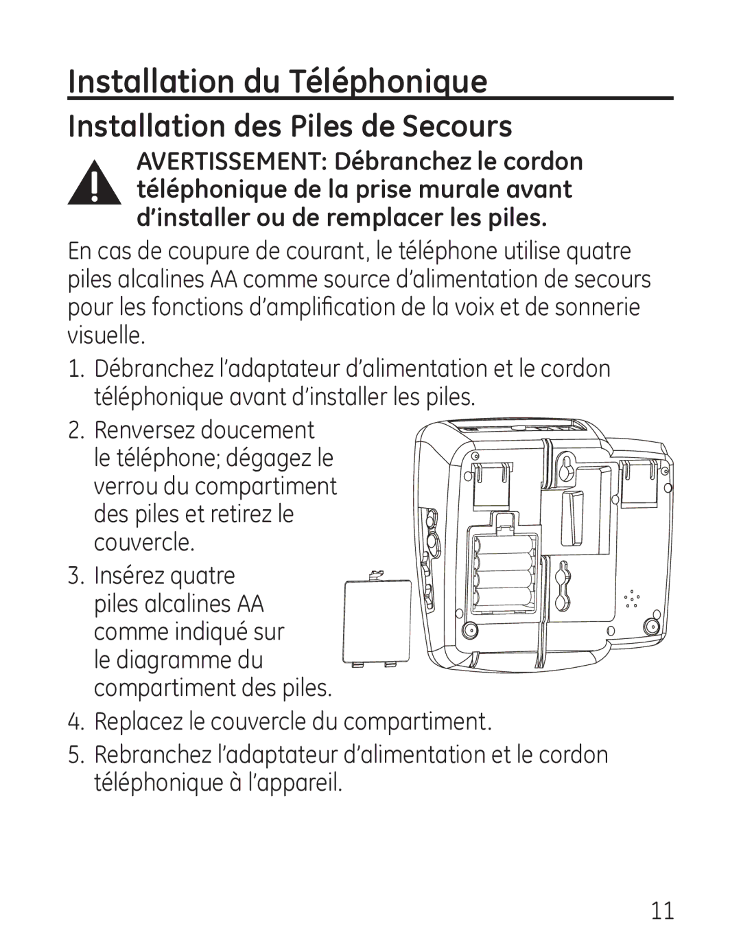 Grandstream Networks 29578 manual Installation du Téléphonique, Installation des Piles de Secours 