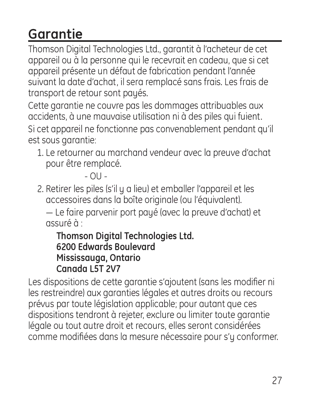 Grandstream Networks 29578 manual Garantie, Edwards Boulevard Mississauga, Ontario Canada L5T 