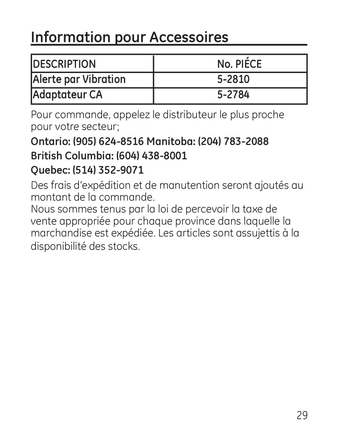 Grandstream Networks 29578 manual Information pour Accessoires, Description 