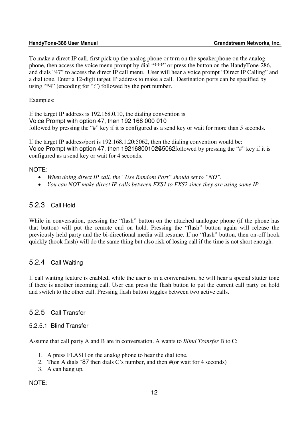 Grandstream Networks 386 user manual Voice Prompt with option 47, then 192 168 000, Call Hold, Call Waiting 