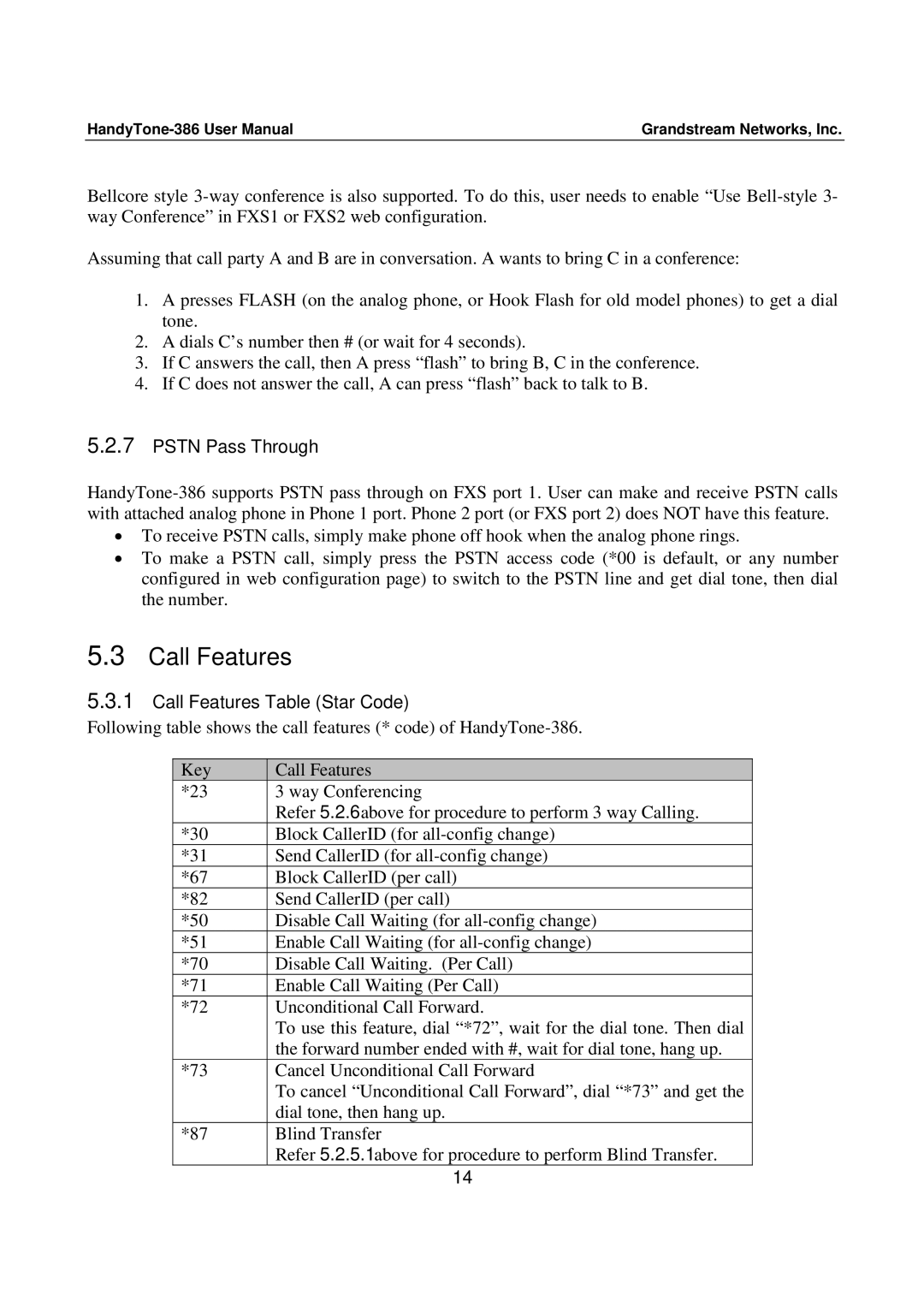 Grandstream Networks 386 user manual Pstn Pass Through, Call Features Table Star Code 