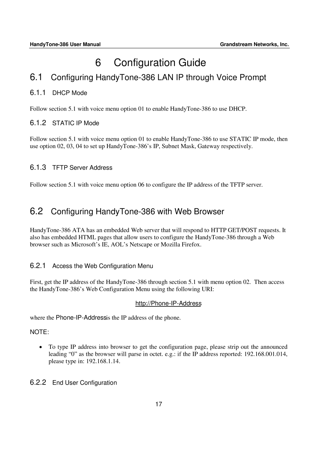 Grandstream Networks user manual Configuration Guide, Configuring HandyTone-386 LAN IP through Voice Prompt 