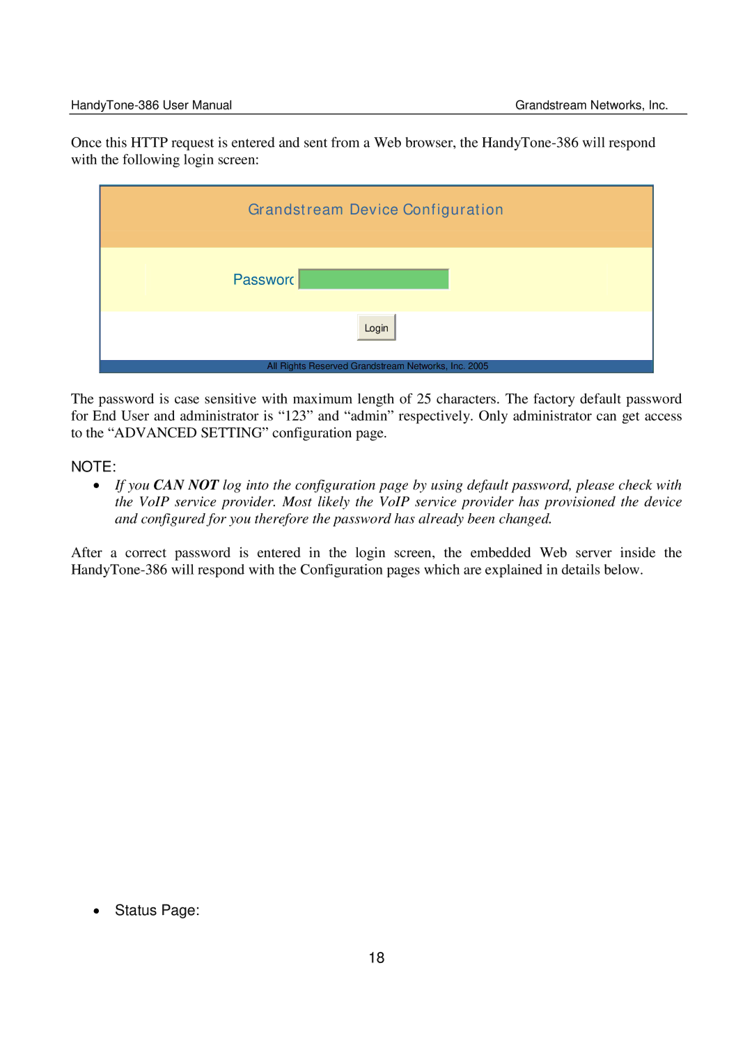 Grandstream Networks 386 user manual Password, Status 