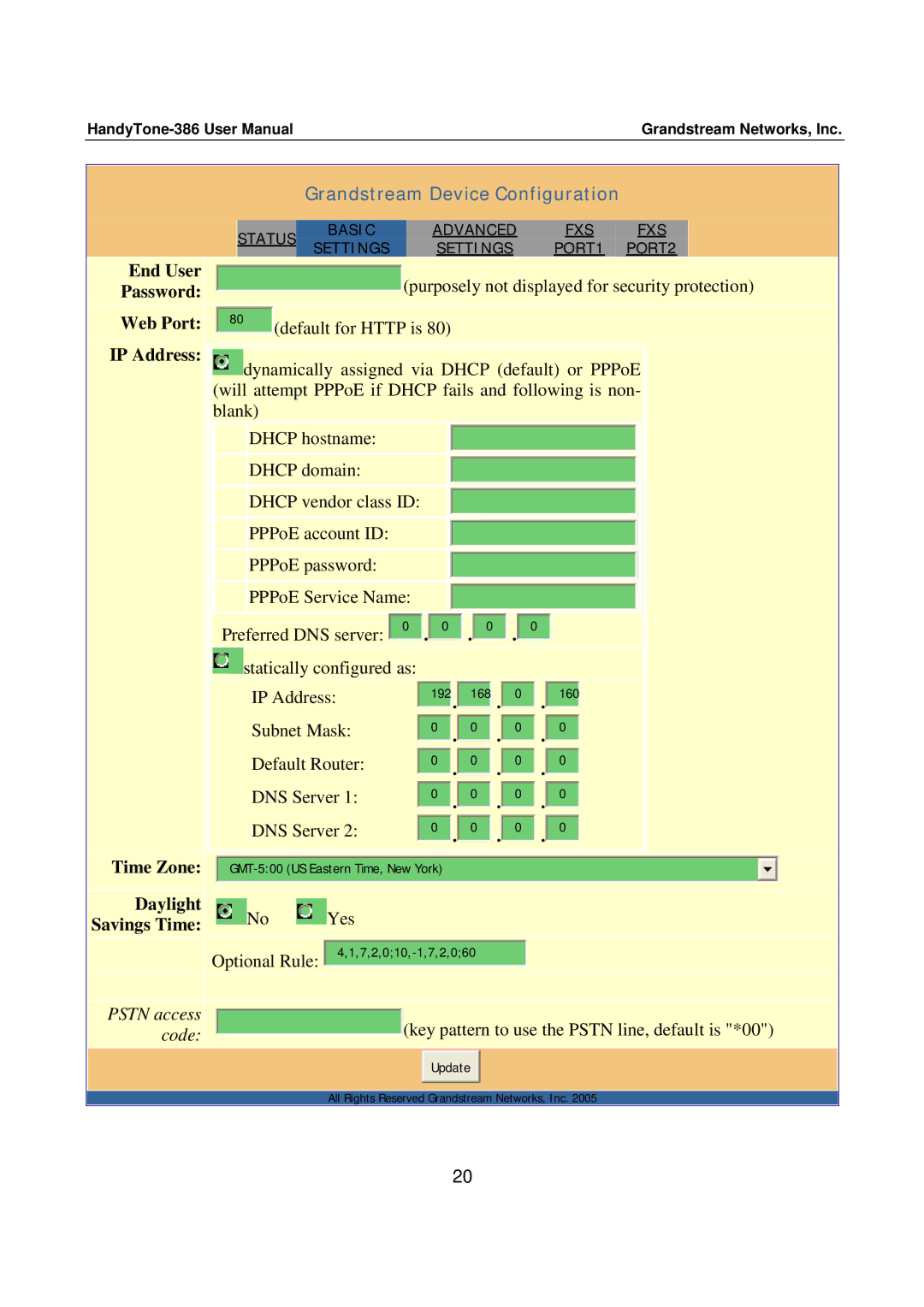 Grandstream Networks 386 user manual End User Password Web Port IP Address Time Zone, Daylight Yes Savings Time 