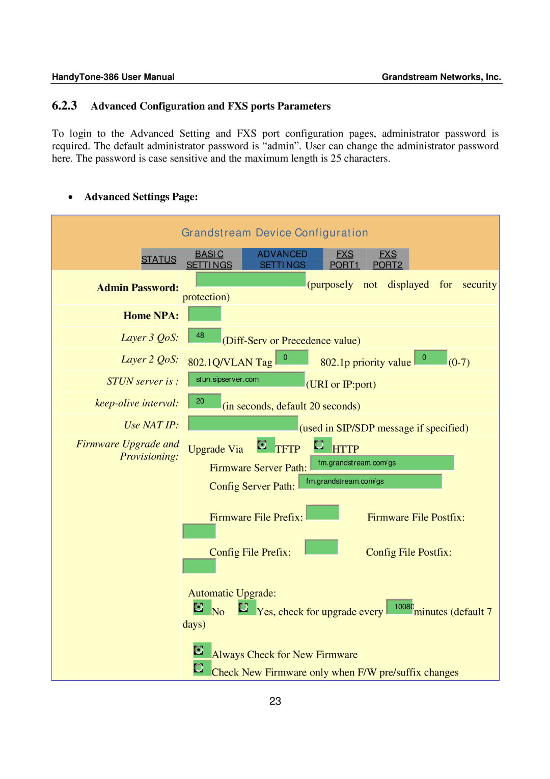 Grandstream Networks 386 user manual Advanced Configuration and FXS ports Parameters, Advanced Settings 