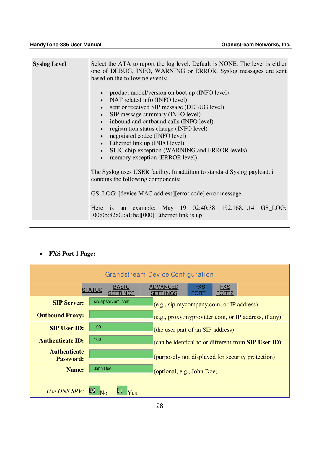 Grandstream Networks 386 user manual Syslog Level, FXS Port 1, Outbound Proxy, Authenticate ID 