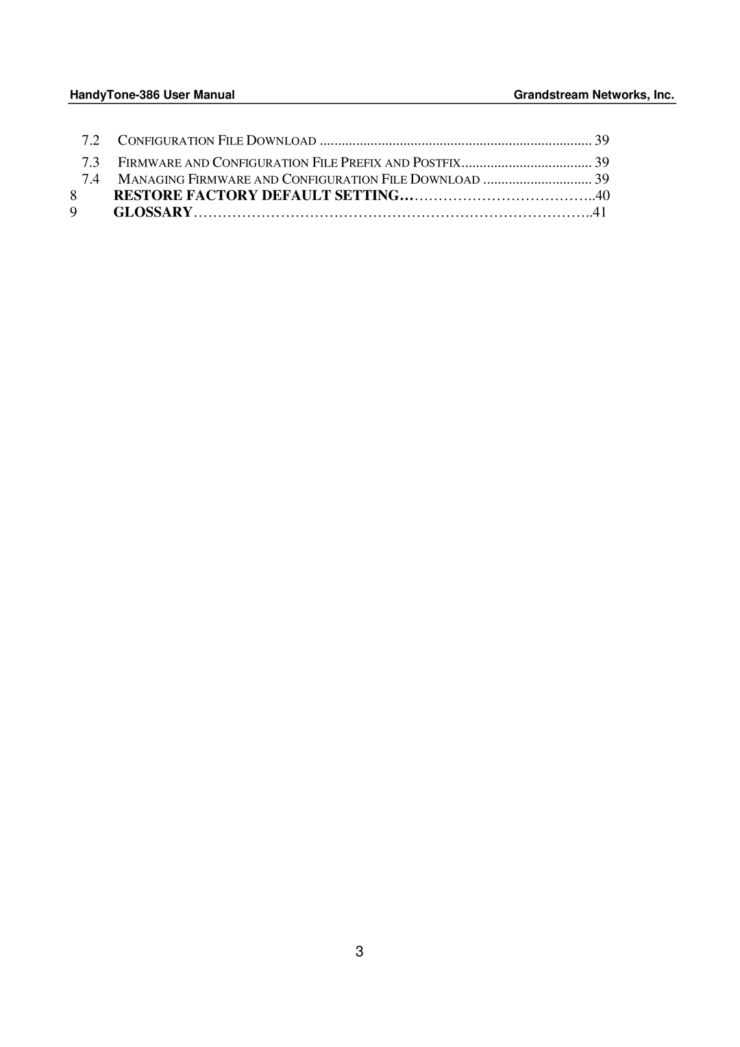 Grandstream Networks 386 user manual Restore Factory Default SETTING…………………………………..40, Configuration File Download 