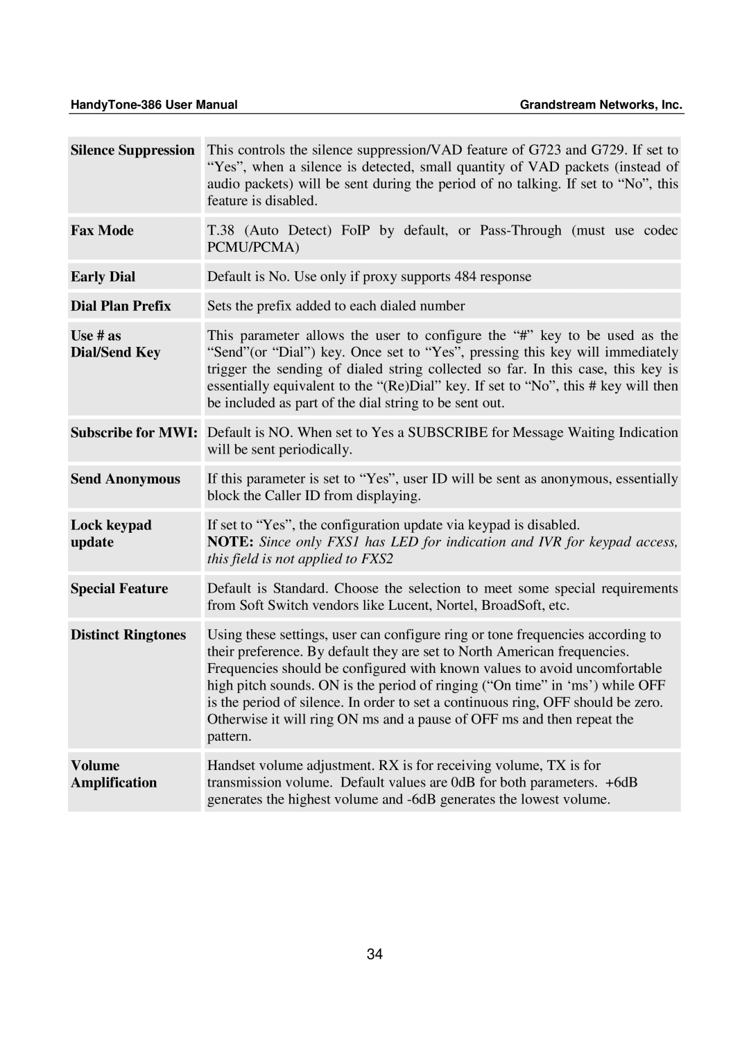 Grandstream Networks 386 Silence Suppression, Fax Mode, Early Dial, Dial Plan Prefix, Use # as, Dial/Send Key, Lock keypad 