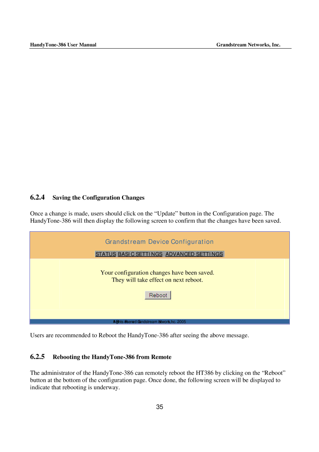 Grandstream Networks user manual Saving the Configuration Changes, Rebooting the HandyTone-386 from Remote 