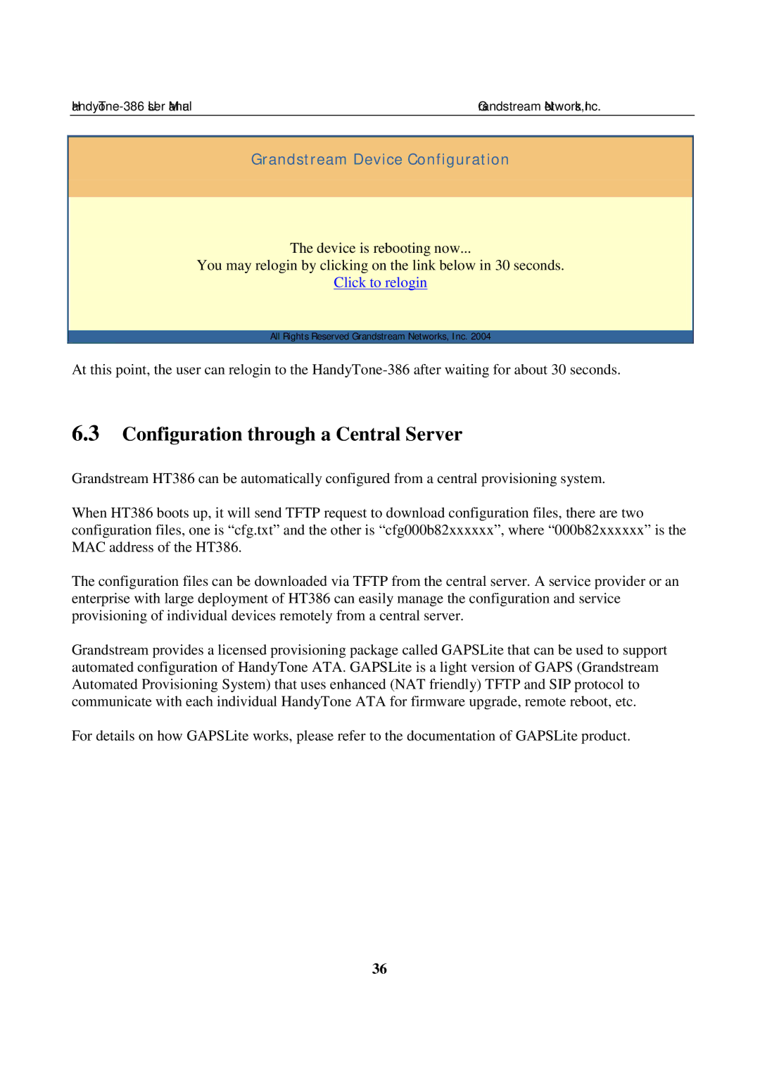 Grandstream Networks 386 user manual Configuration through a Central Server, Click to relogin 