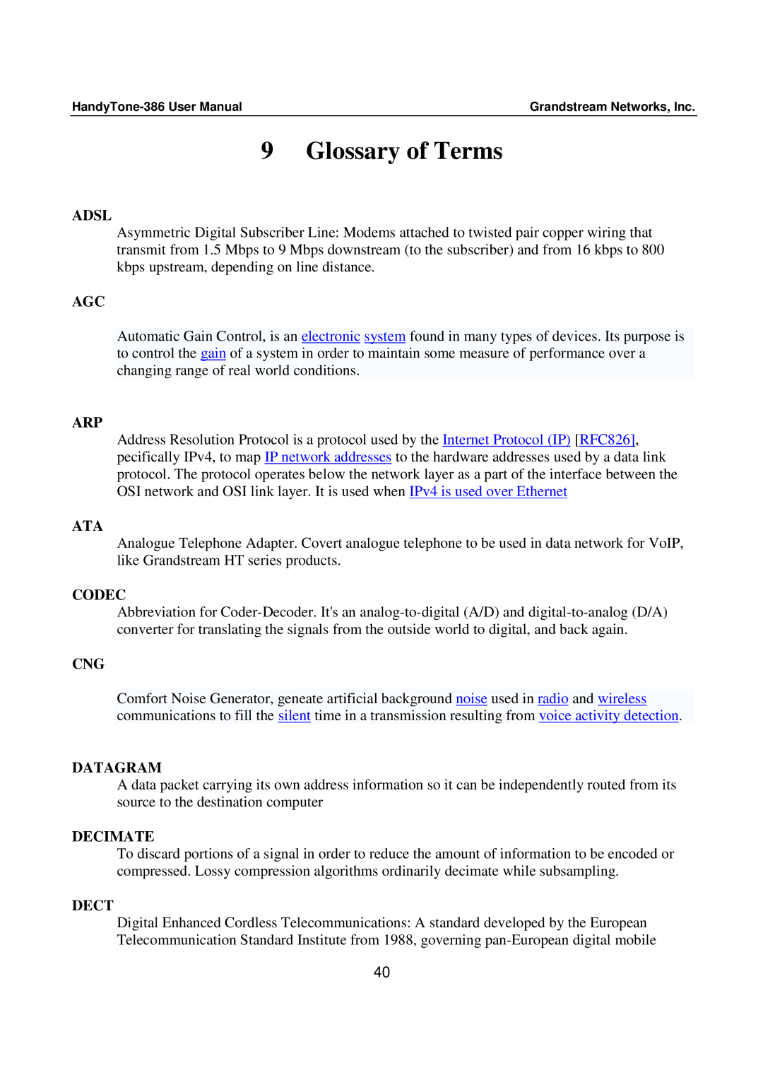 Grandstream Networks 386 user manual Glossary of Terms 