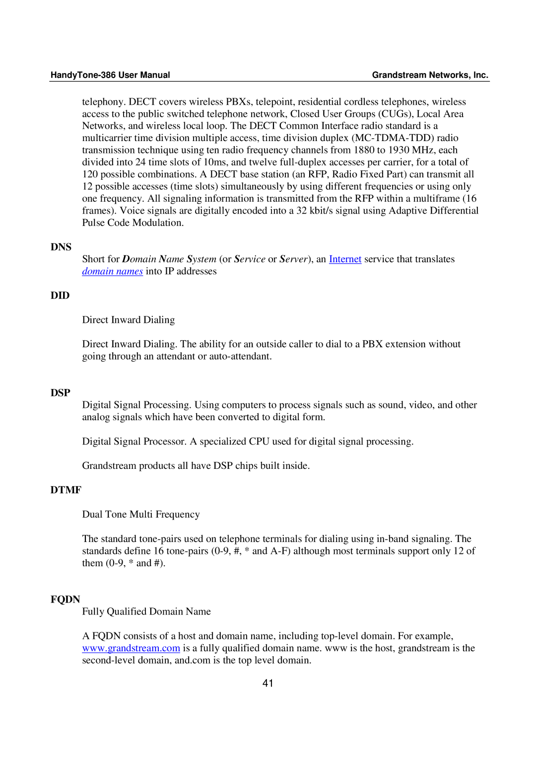 Grandstream Networks 386 user manual Dns, Did, Dsp, Dtmf, Fqdn 