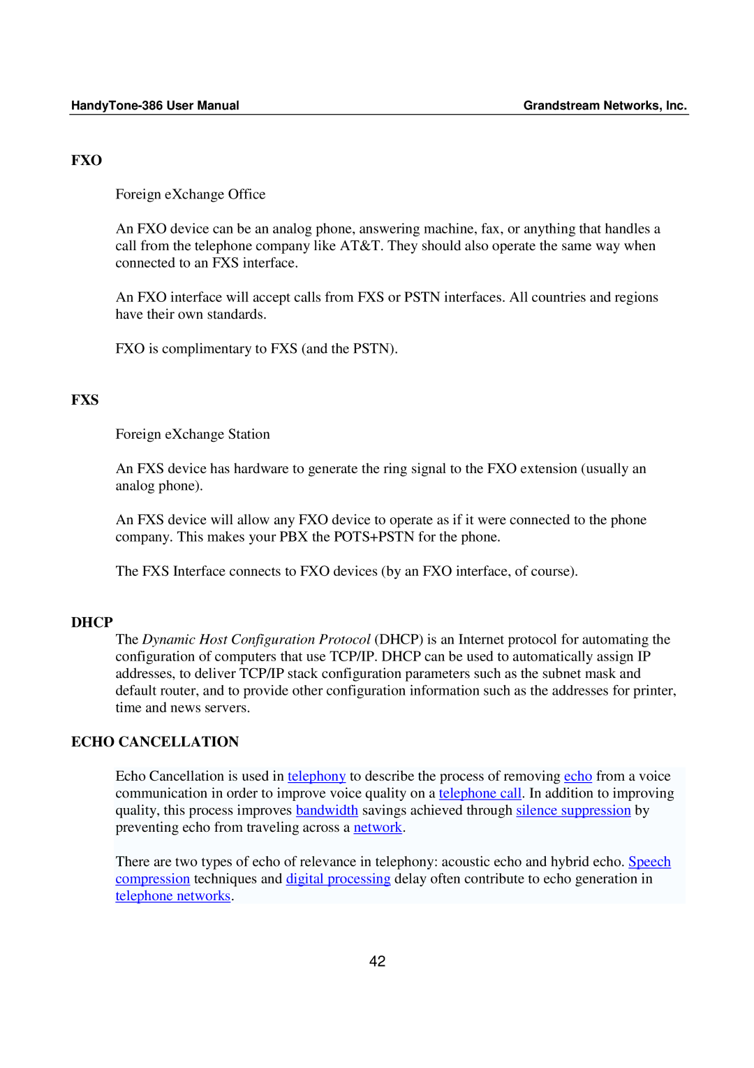 Grandstream Networks 386 user manual Fxo, Fxs, Dhcp, Echo Cancellation 