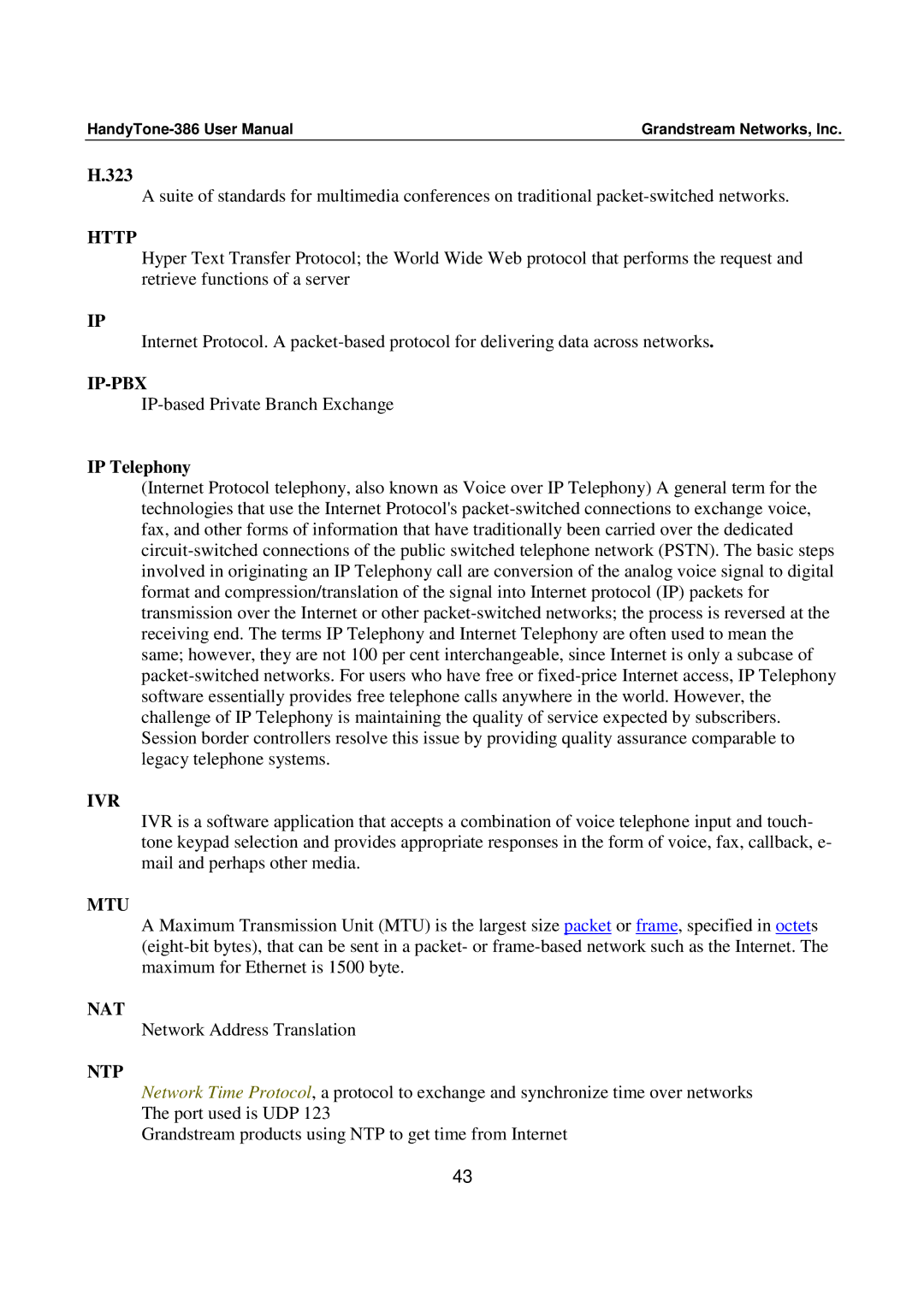 Grandstream Networks 386 user manual Http, Ip-Pbx, Ivr, Mtu, Ntp 