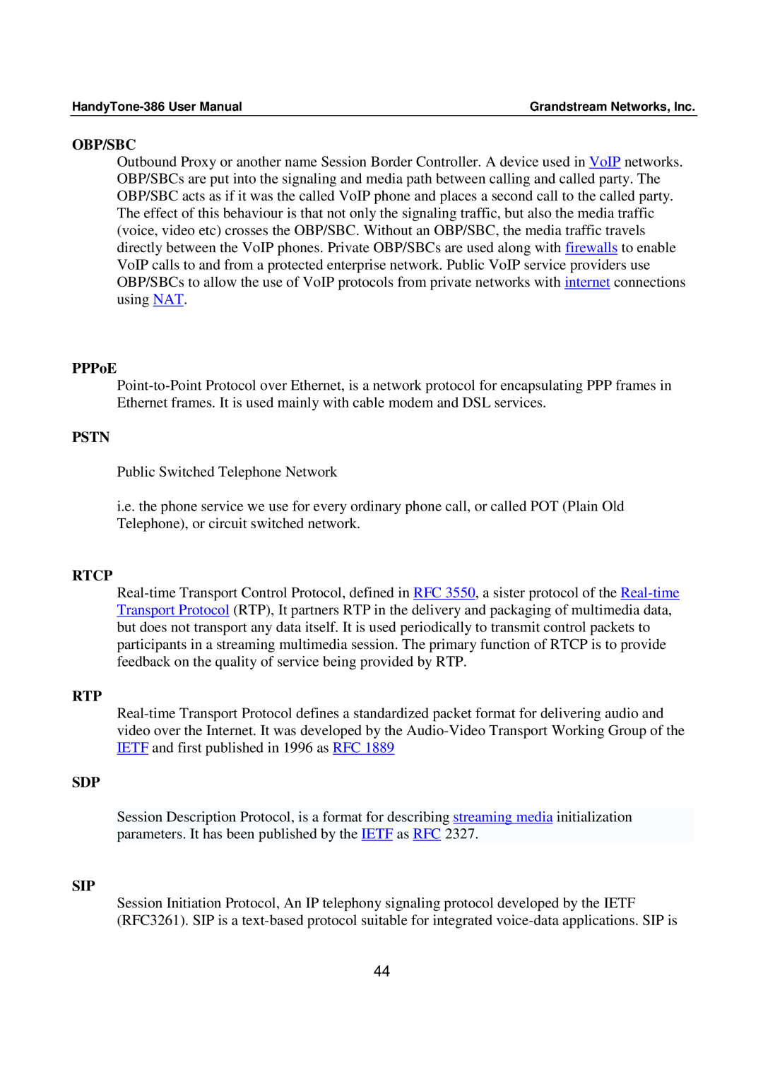 Grandstream Networks 386 user manual Obp/Sbc, Pstn, Rtcp, Rtp, Sdp, Sip 