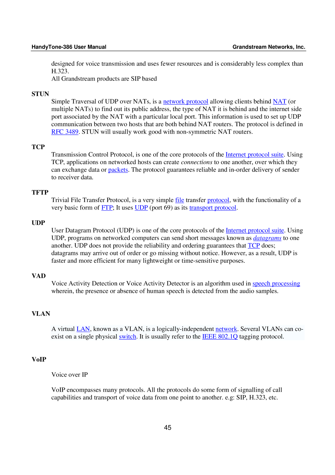 Grandstream Networks 386 user manual Stun, Tcp, Tftp, Udp, Vad, Vlan 