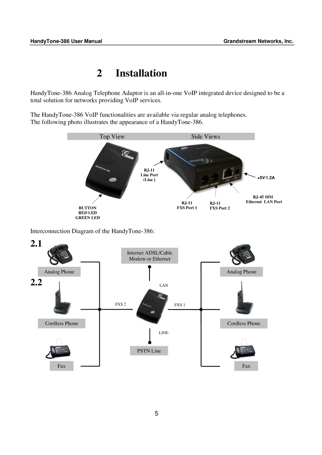 Grandstream Networks 386 user manual Installation, 2LAN 