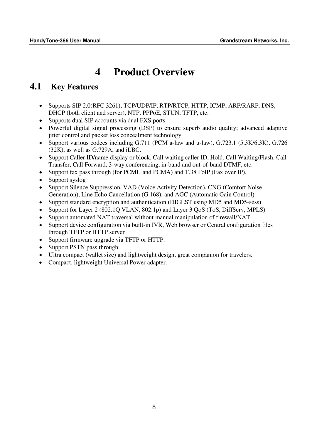 Grandstream Networks 386 user manual Product Overview, Key Features 