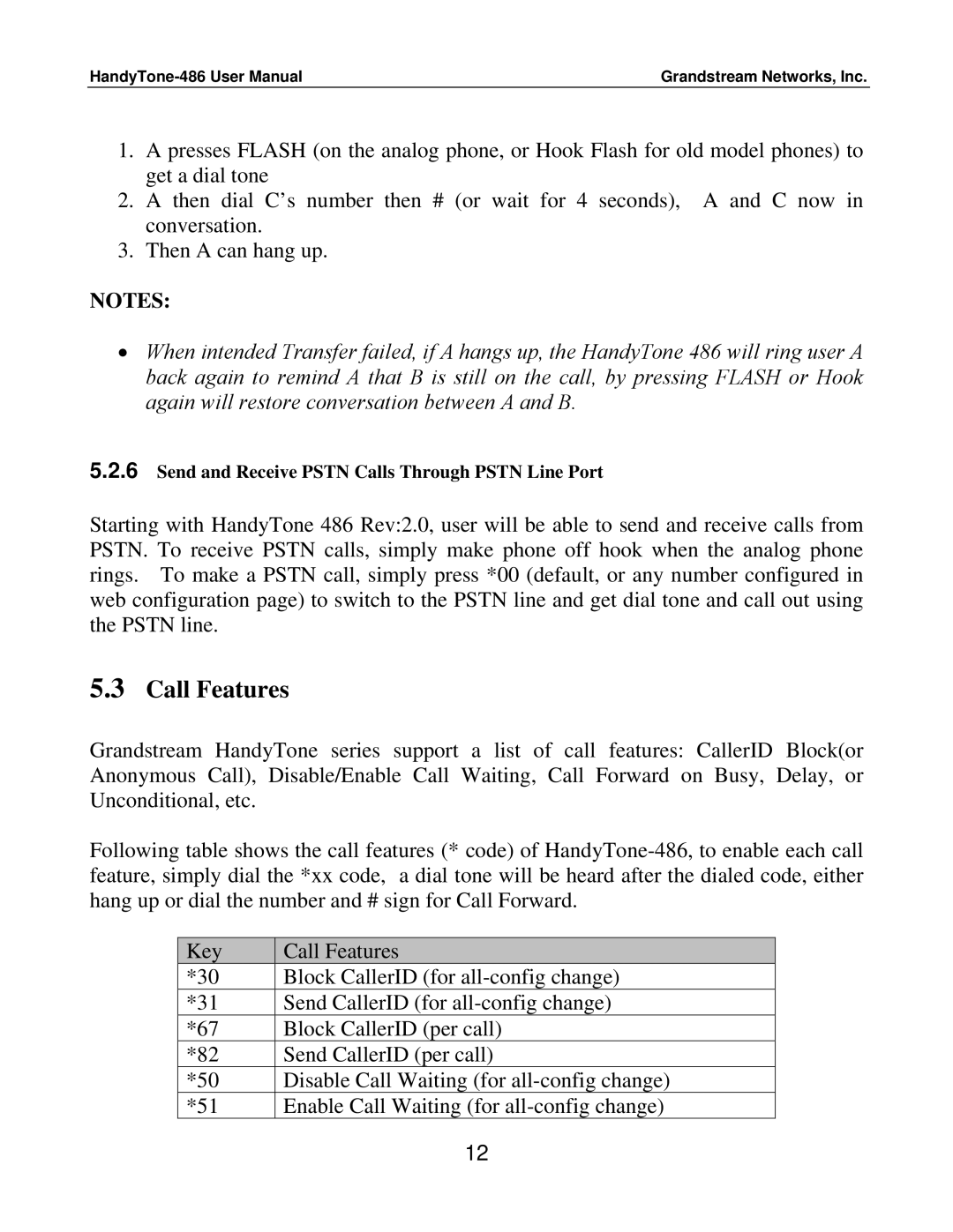 Grandstream Networks 486 user manual Call Features 