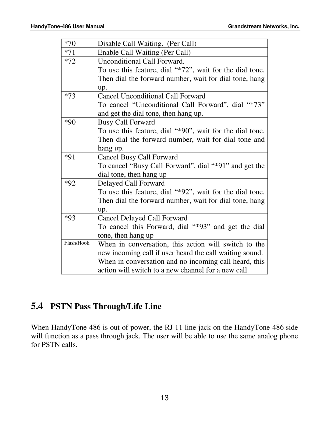 Grandstream Networks 486 user manual Pstn Pass Through/Life Line 