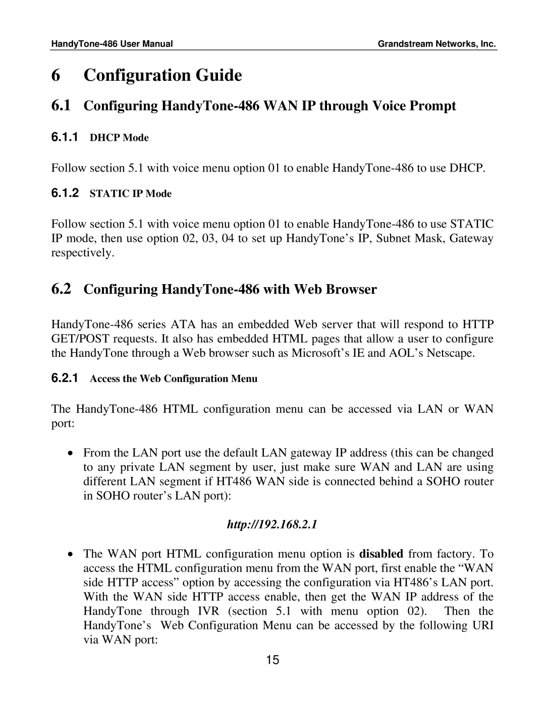 Grandstream Networks Configuration Guide, Configuring HandyTone-486 WAN IP through Voice Prompt, Http//192.168.2.1 