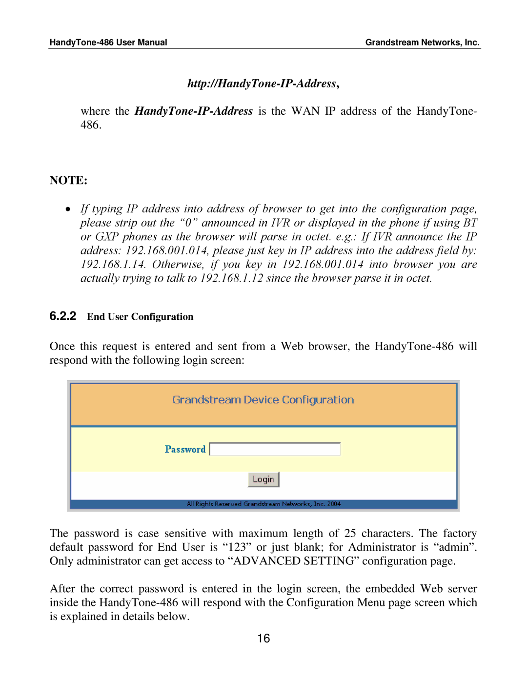 Grandstream Networks 486 user manual Http//HandyTone-IP-Address 