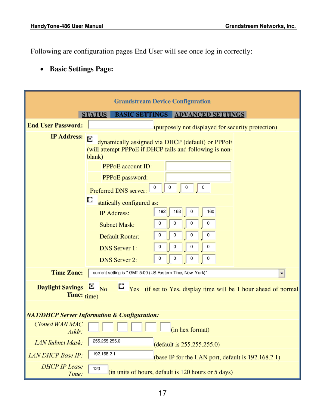 Grandstream Networks 486 user manual Basic Settings, NAT/DHCP Server Information & Configuration 