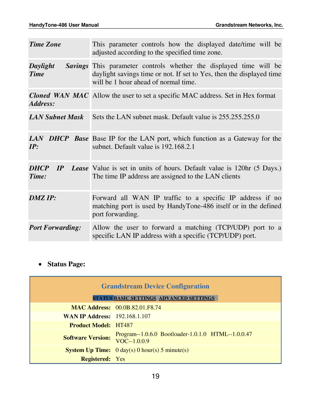 Grandstream Networks 486 user manual Time Zone, Daylight, Address LAN Subnet Mask, Base, Lease, Port Forwarding 