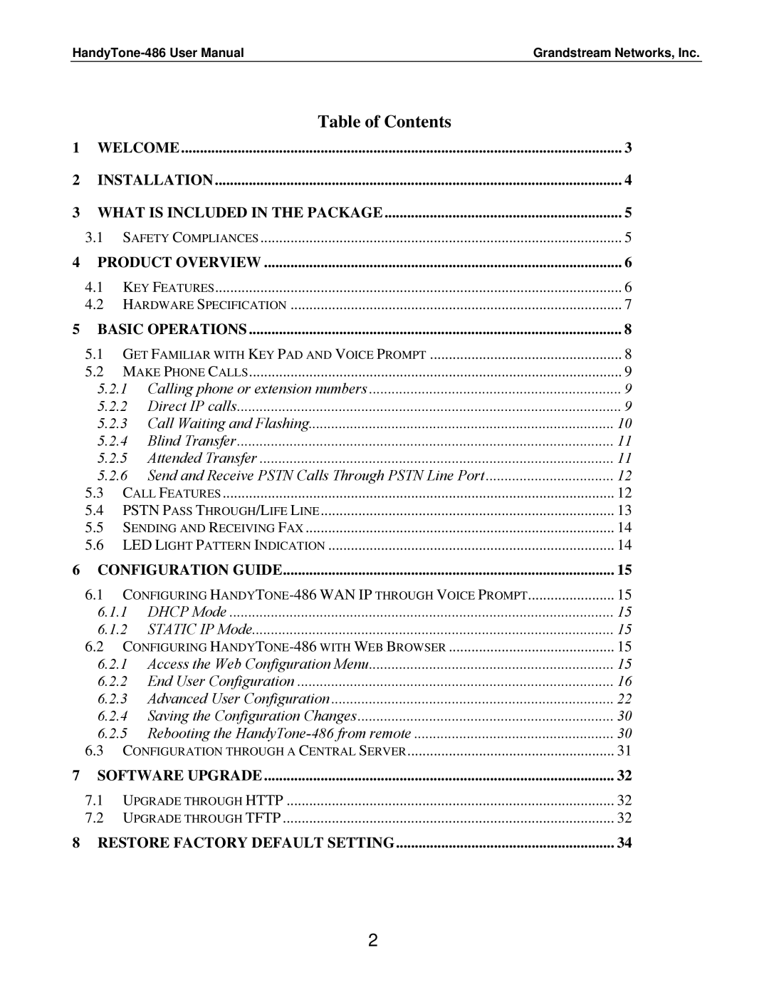 Grandstream Networks 486 user manual Table of Contents 