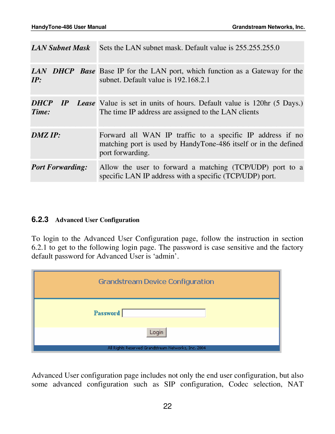 Grandstream Networks 486 user manual Advanced User Configuration 