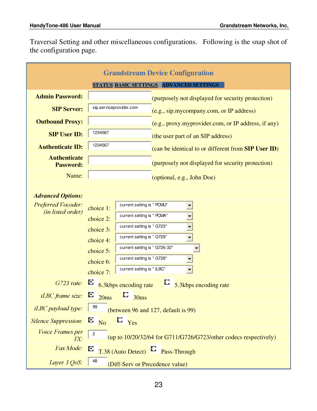 Grandstream Networks 486 user manual Advanced Options 