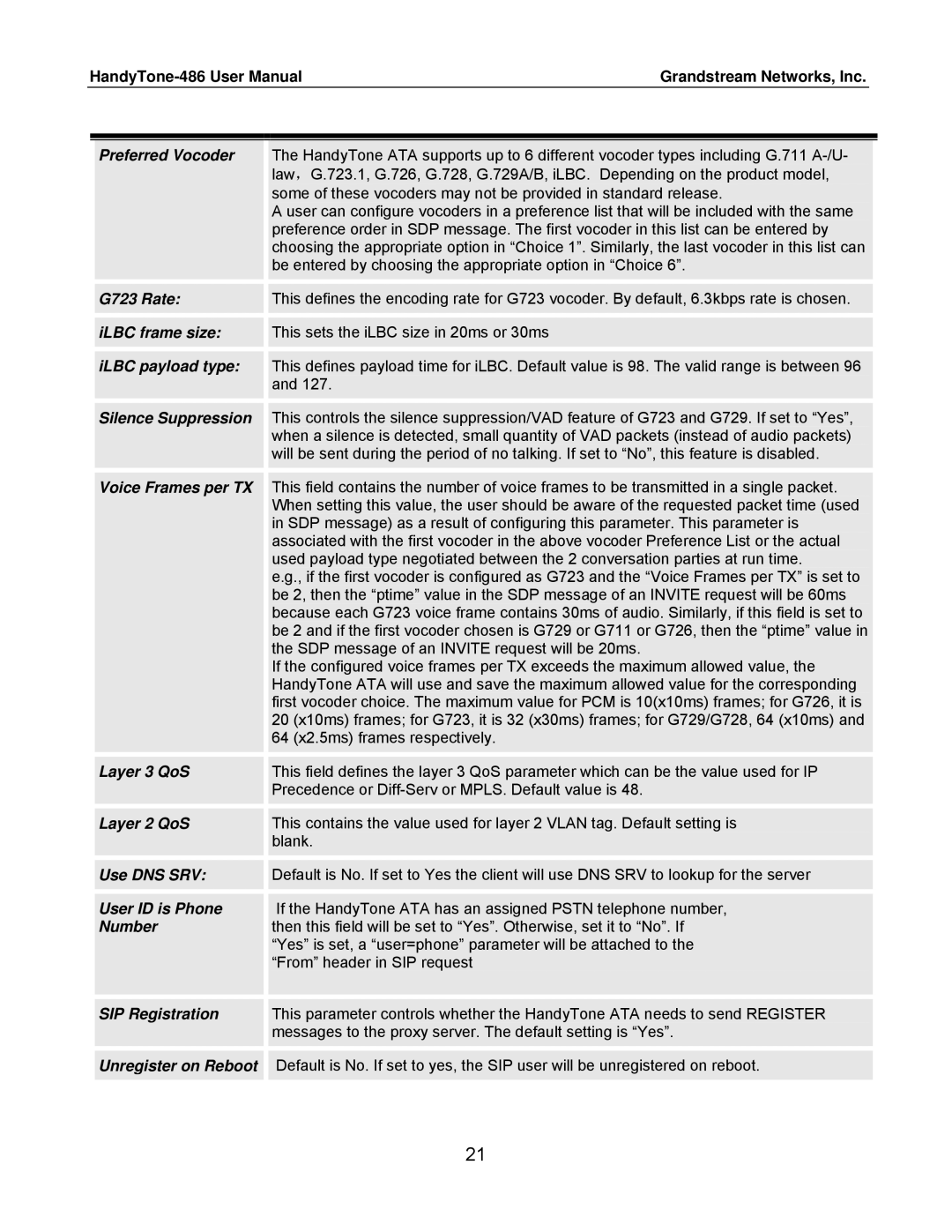 Grandstream Networks 486 user manual G723 Rate 