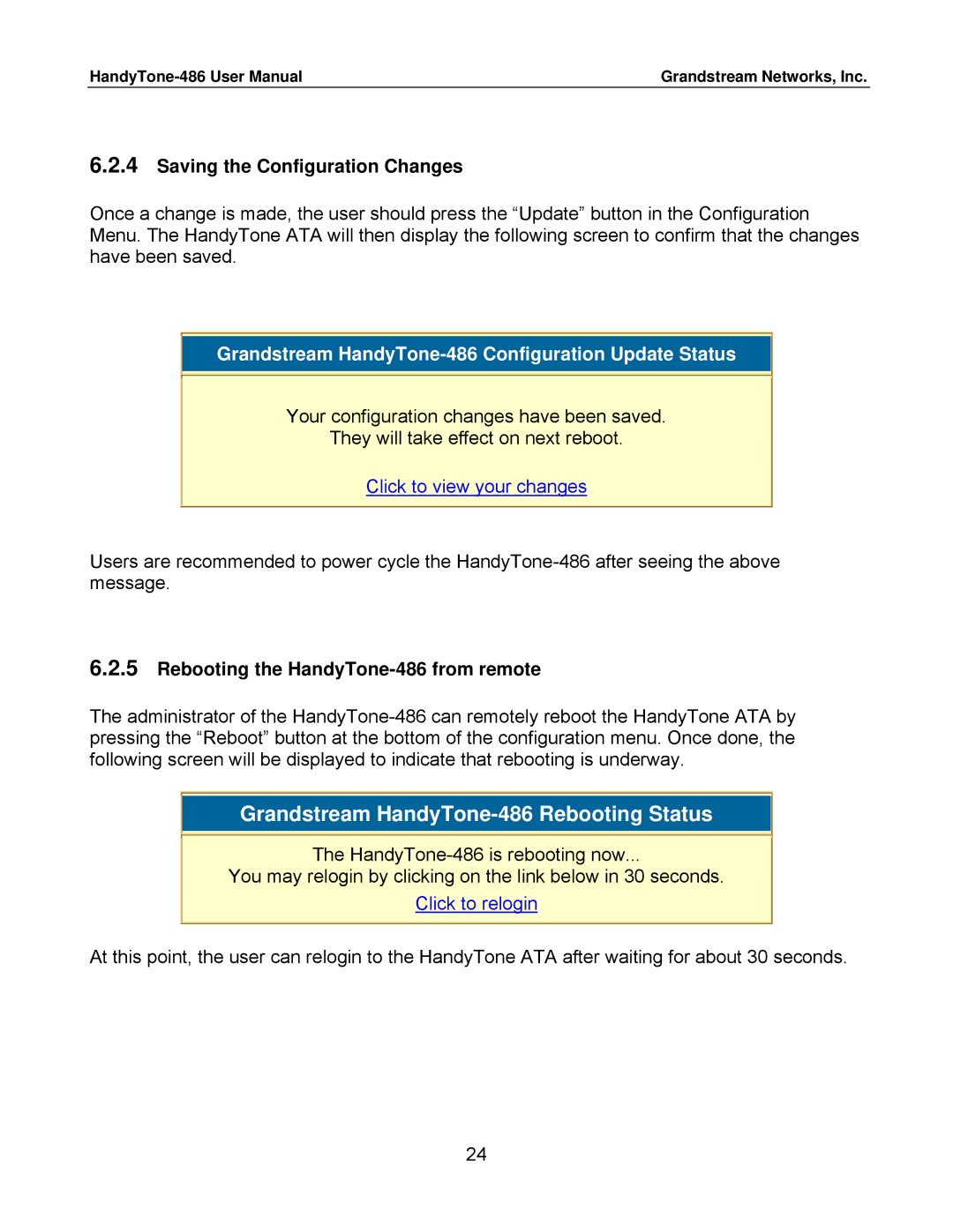 Grandstream Networks user manual Saving the Configuration Changes, Rebooting the HandyTone-486 from remote 