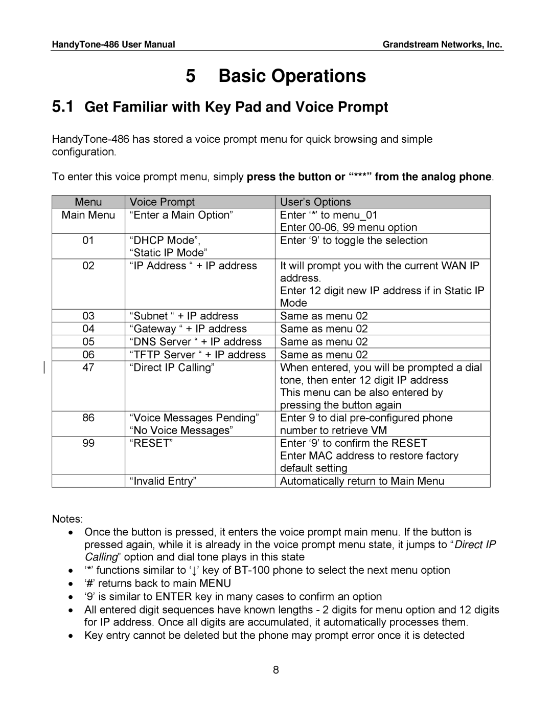 Grandstream Networks 486 user manual Basic Operations, Get Familiar with Key Pad and Voice Prompt 