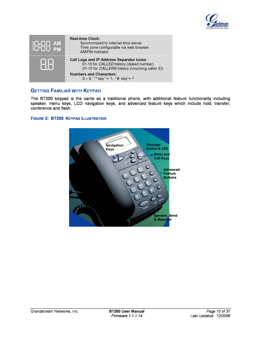 Grandstream Networks Getting Familiar With Keypad, Am Pm, Real-time Clock, Numbers and Characters, BT200 User Manual 