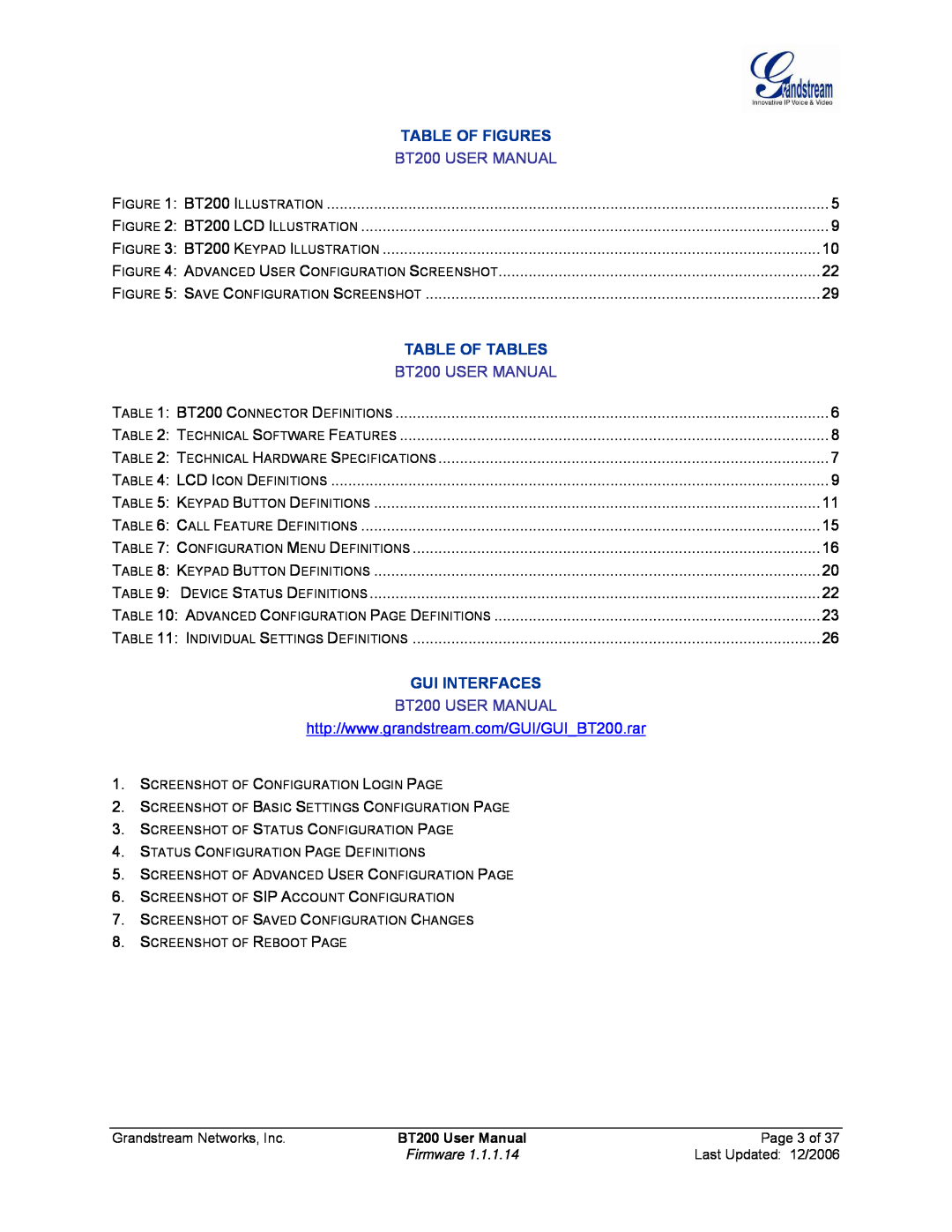 Grandstream Networks user manual Table Of Figures, Table Of Tables, Gui Interfaces, BT200 USER MANUAL, BT200 User Manual 