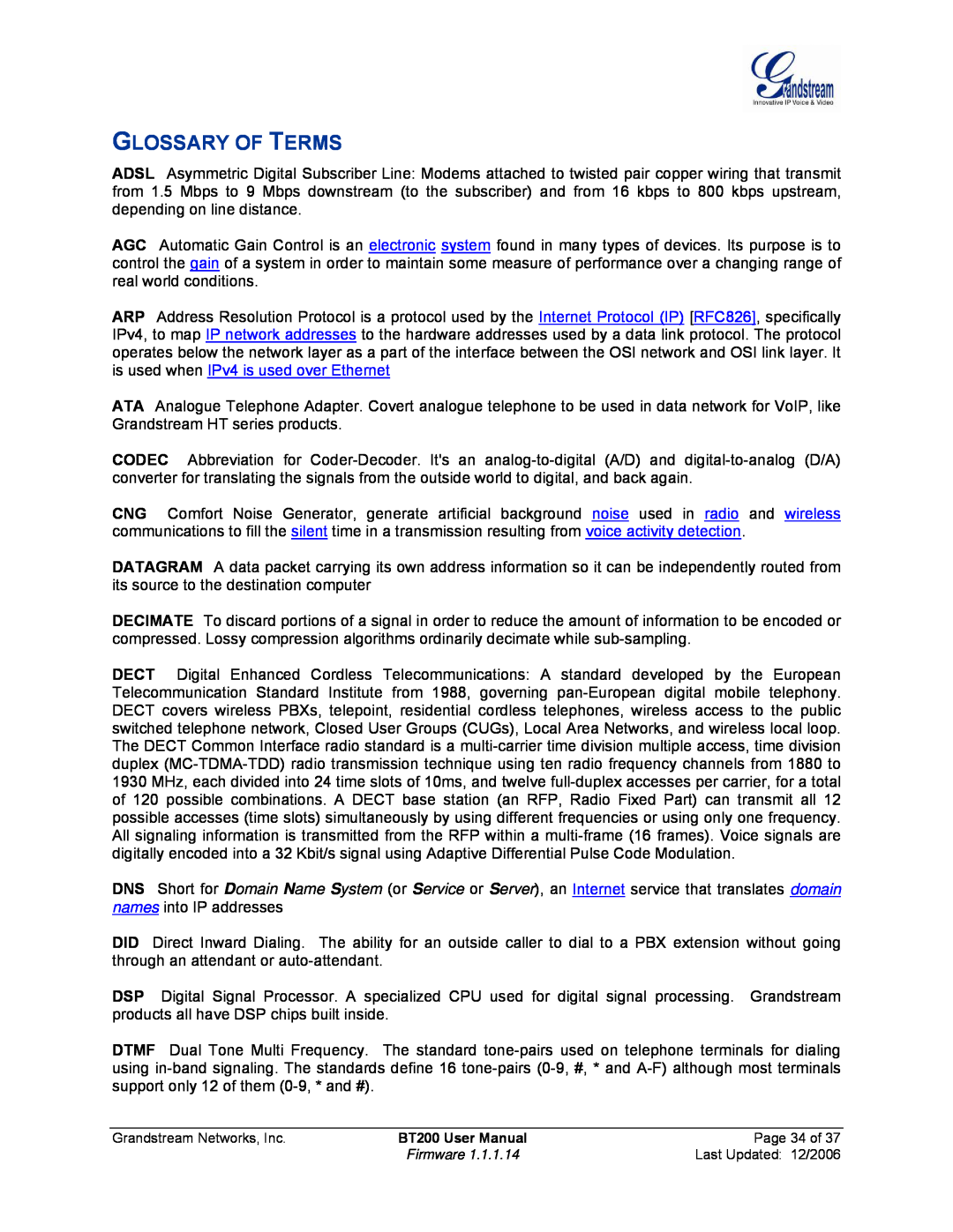 Grandstream Networks BT200 user manual Glossary Of Terms 