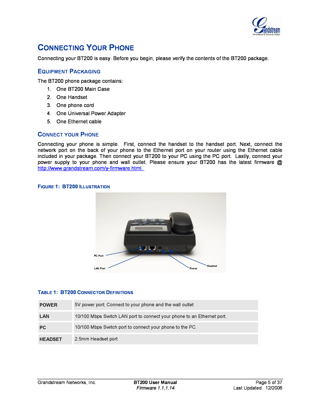 Grandstream Networks BT200 user manual Connecting Your Phone, Equipment Packaging, Connect Your Phone 