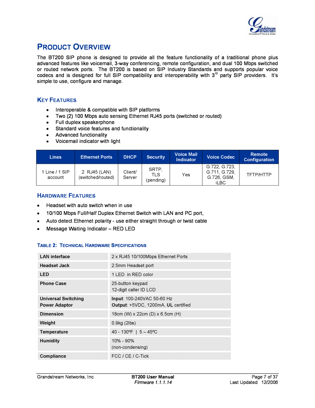Grandstream Networks BT200 user manual Product Overview, Key Features, Hardware Features 