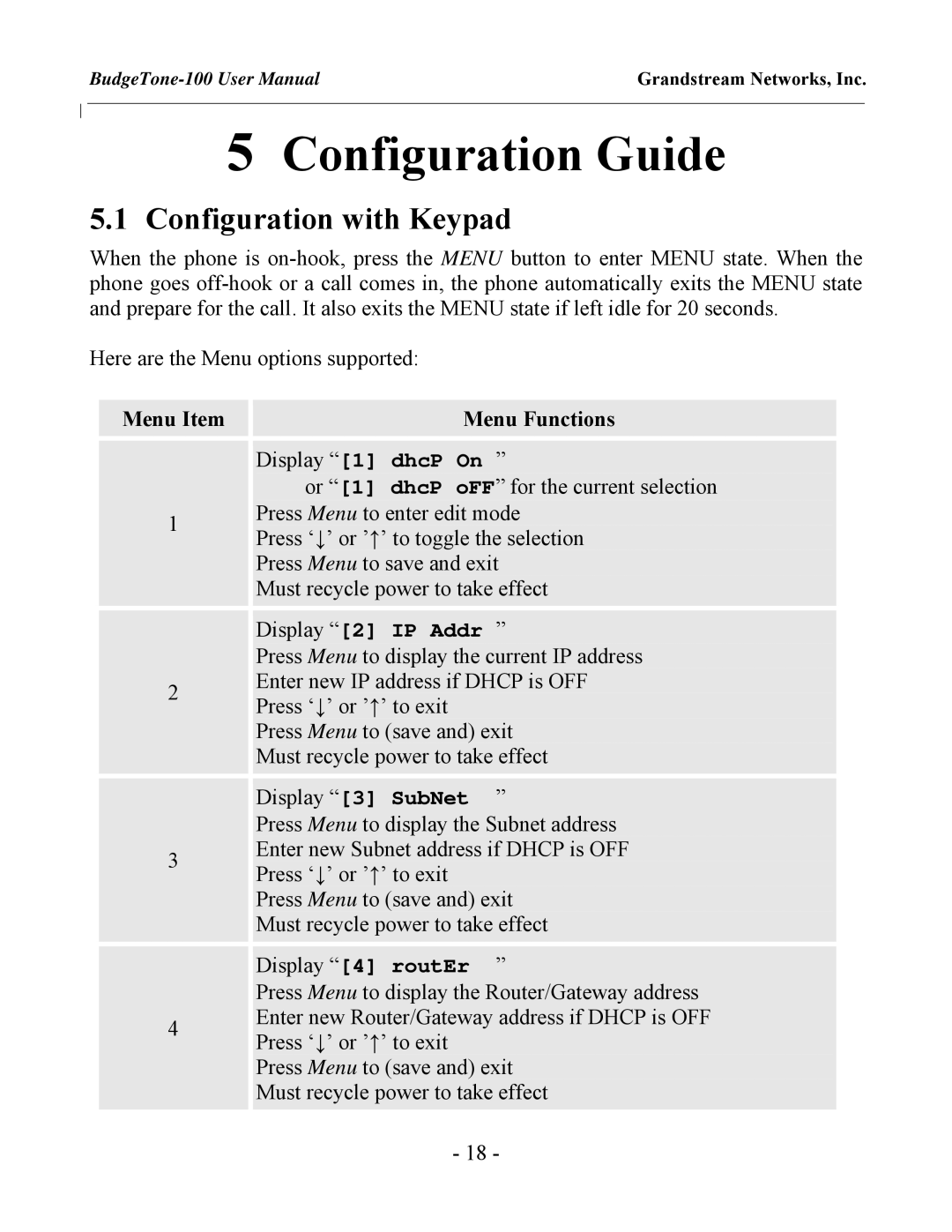 Grandstream Networks BudgeTone-100 user manual Configuration Guide, Configuration with Keypad, Menu Item Menu Functions 