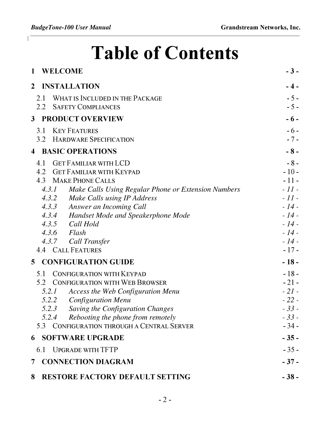 Grandstream Networks BudgeTone-100 user manual Table of Contents 