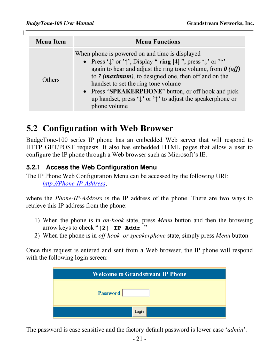 Grandstream Networks BudgeTone-100 user manual Configuration with Web Browser, Menu Item Menu Functions 