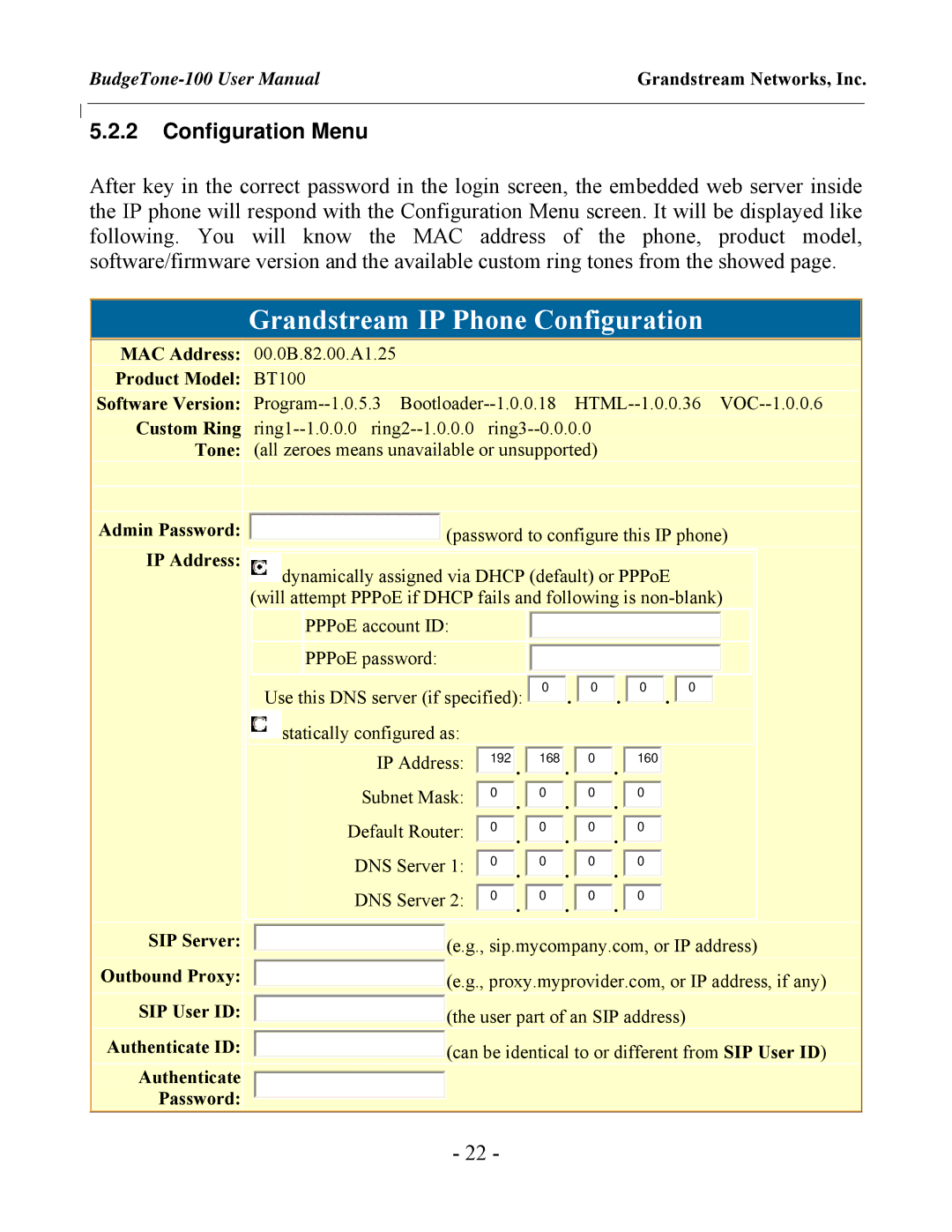 Grandstream Networks BudgeTone-100 user manual Grandstream IP Phone Configuration 