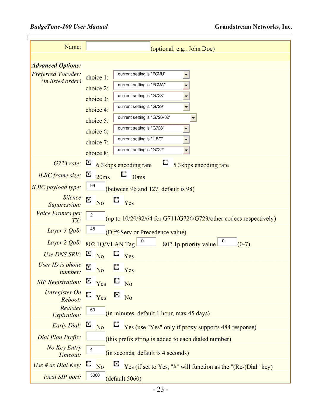 Grandstream Networks BudgeTone-100 user manual Advanced Options 