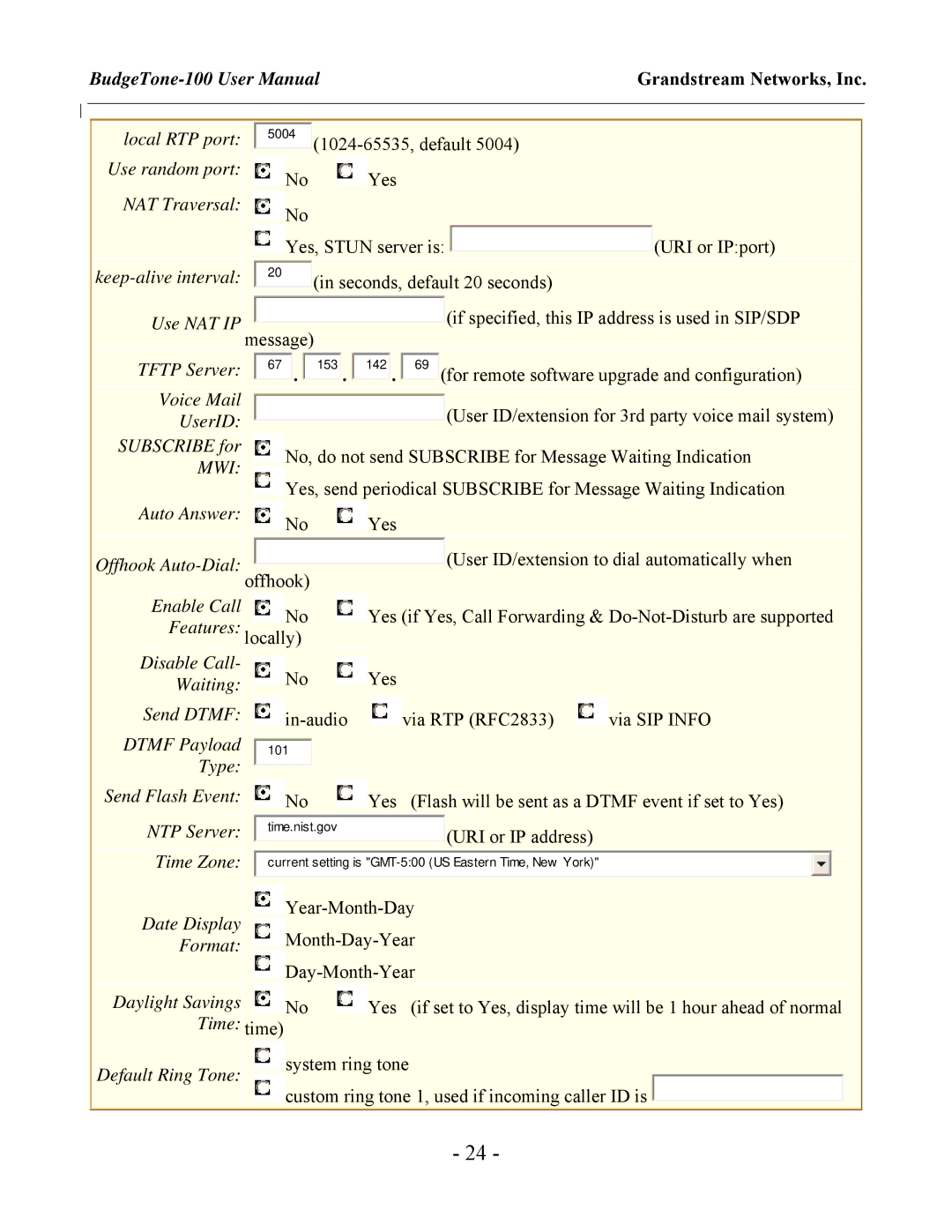 Grandstream Networks BudgeTone-100 user manual Local RTP port Use random port NAT Traversal 