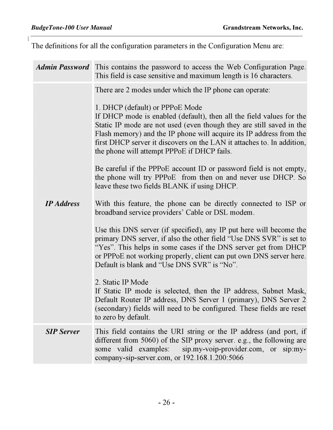Grandstream Networks BudgeTone-100 user manual Admin Password IP Address SIP Server 